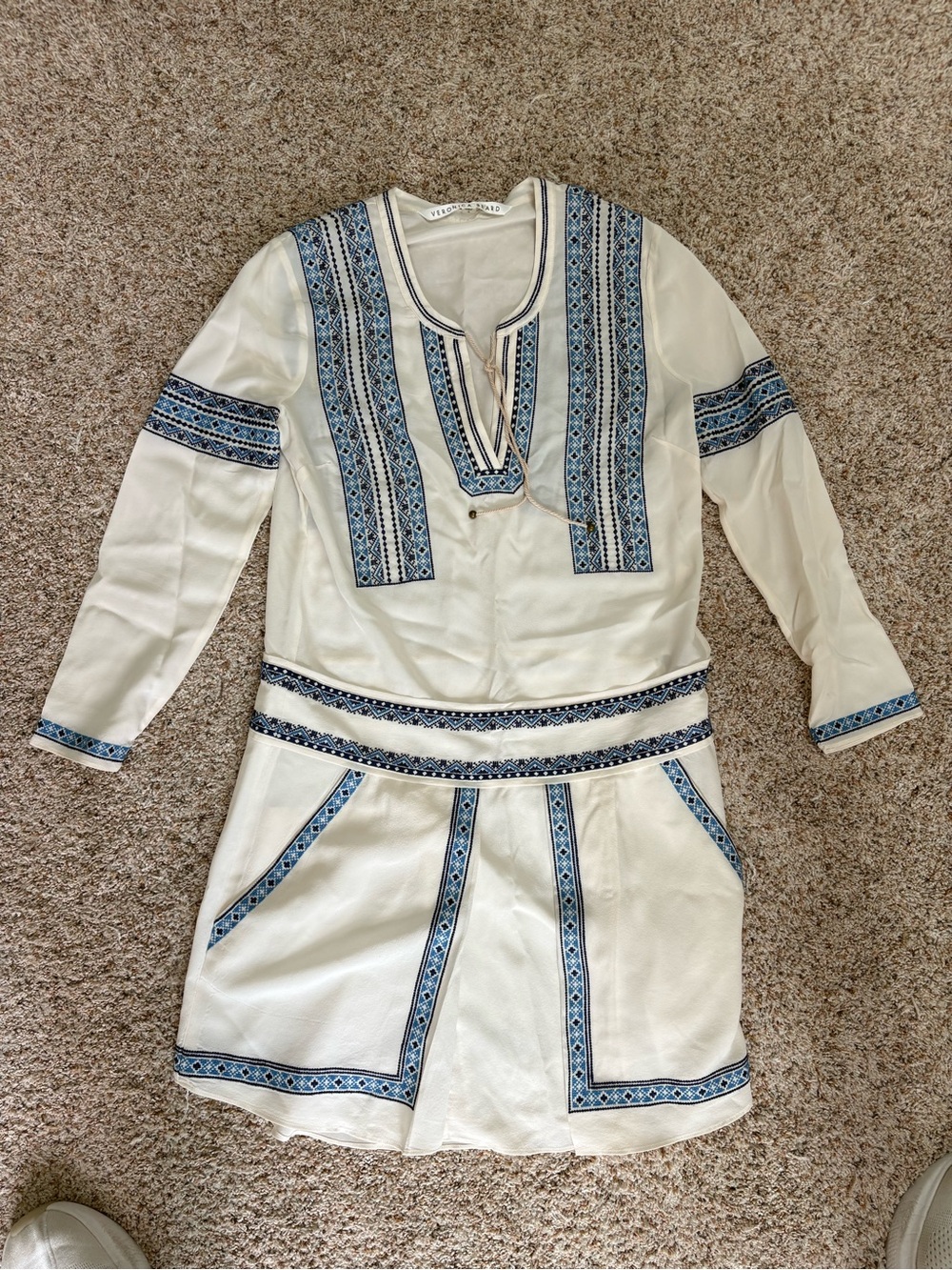 Veronica bread XS 0 Romper Cream Boho Tunic  with Blue Embroidered Panels VGUC